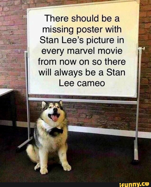 There should be a missing poster with Stan Lees picture in every marvel movie from now on so there will always be a Stan Lee cameo euUNNYCe