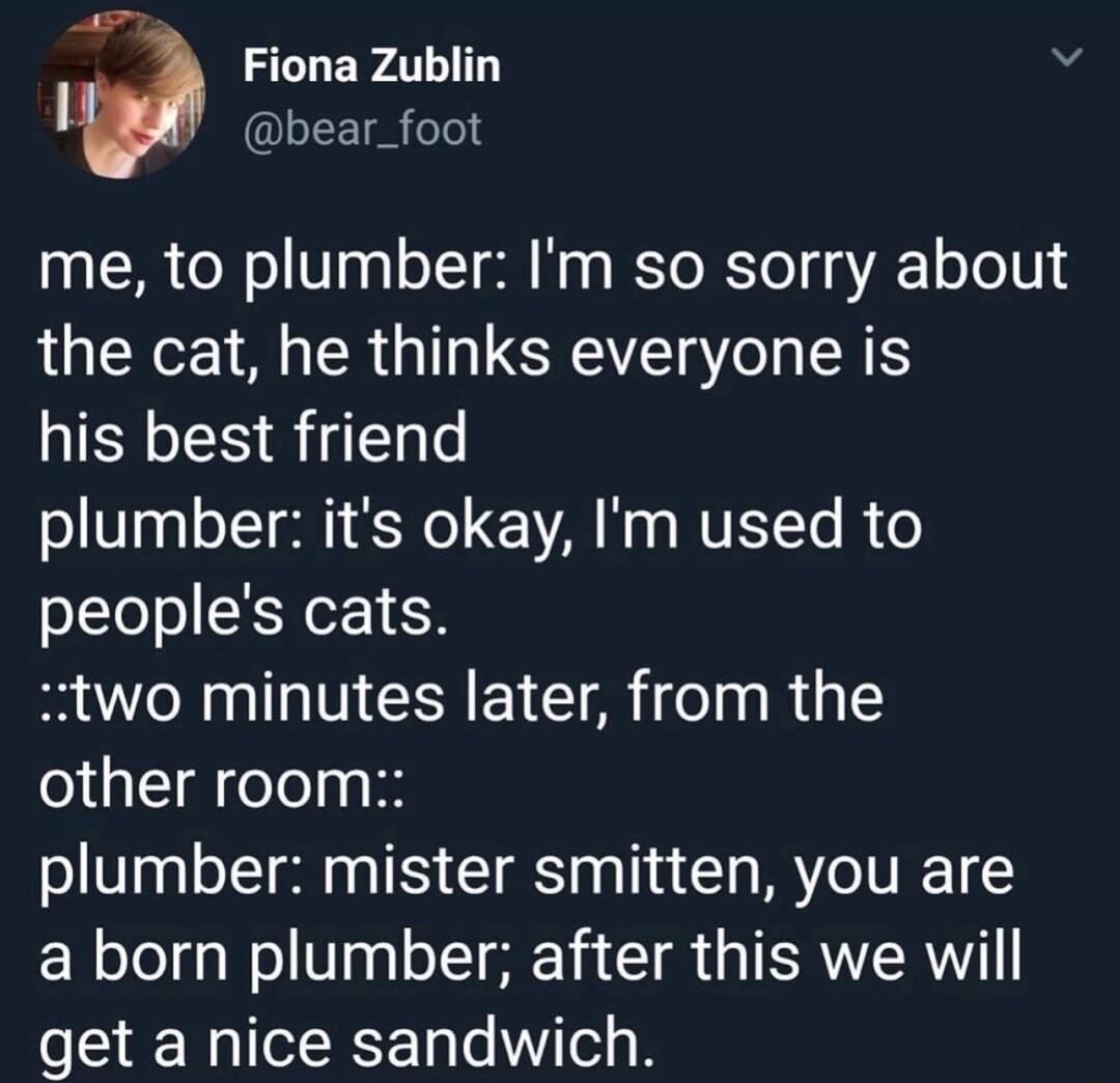 7 LCLERATLT 4 I bear_foot me to plumber Im so sorry about the cat he thinks everyone is his best friend plumber its okay Im used to peoples cats two minutes later from the other room plumber mister smitten you are a born plumber after this we will get a nice sandwich