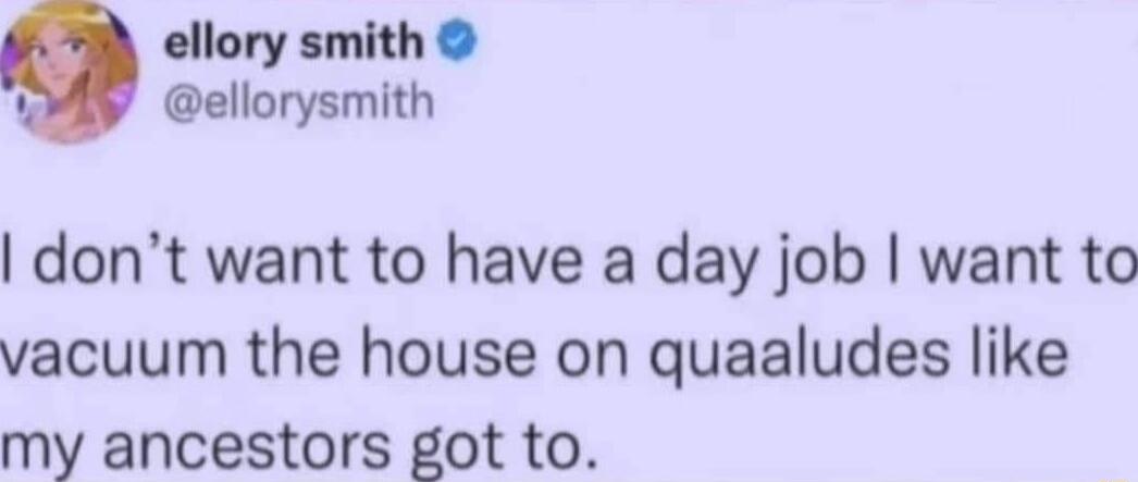 ellory smith ellorysmith dont want to have a day job want to vacuum the house on quaaludes like my ancestors got to