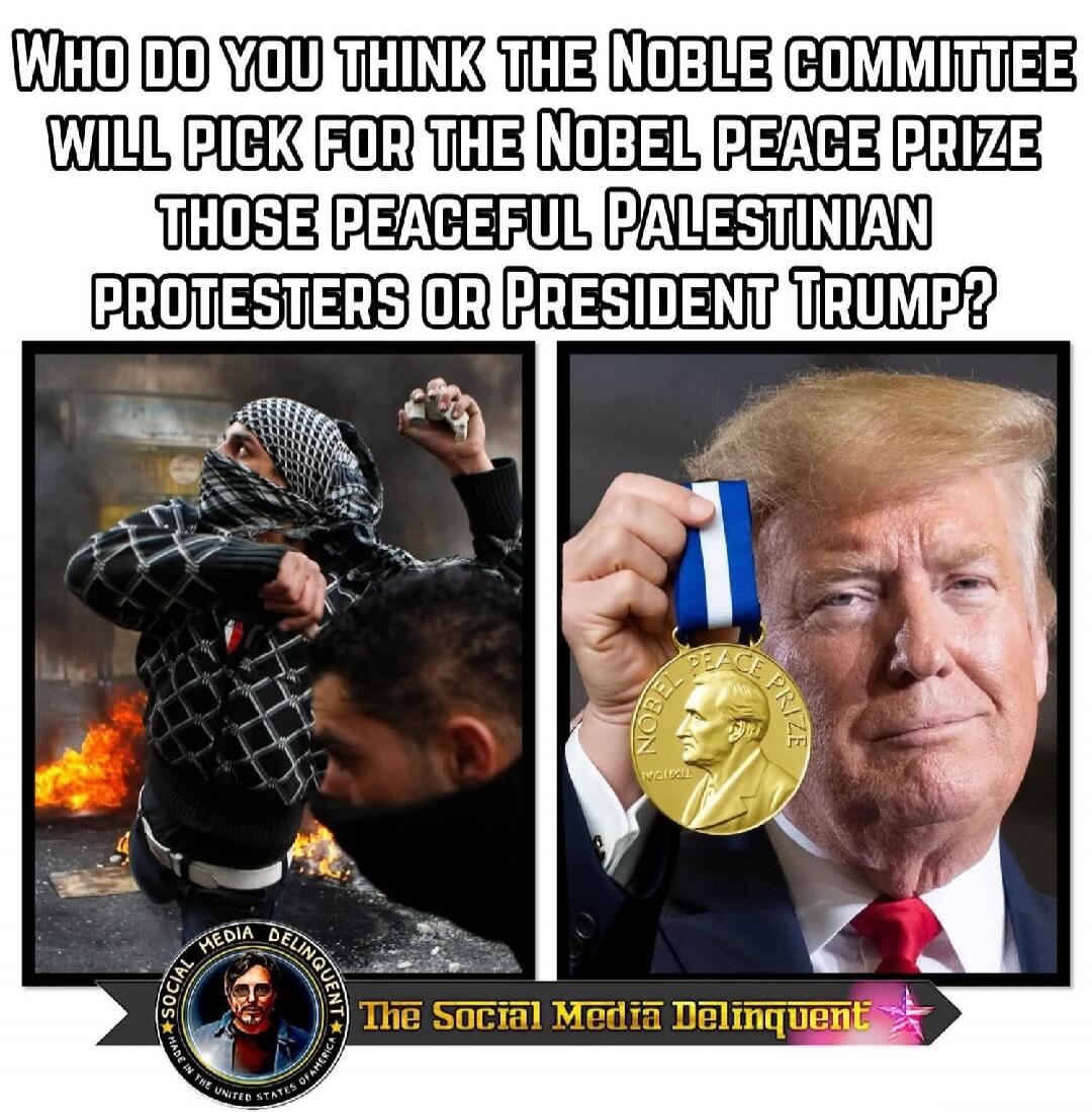 WHO DO YOU THINK THE NOBLE COMMITTEE WILL PICK FOR THE NOBEL PEACE PRIZE THOSE PEACEFUL PALESTINIAN PROTESTERS OR PRESIDENT TRUMP? The Social Media Delinquent