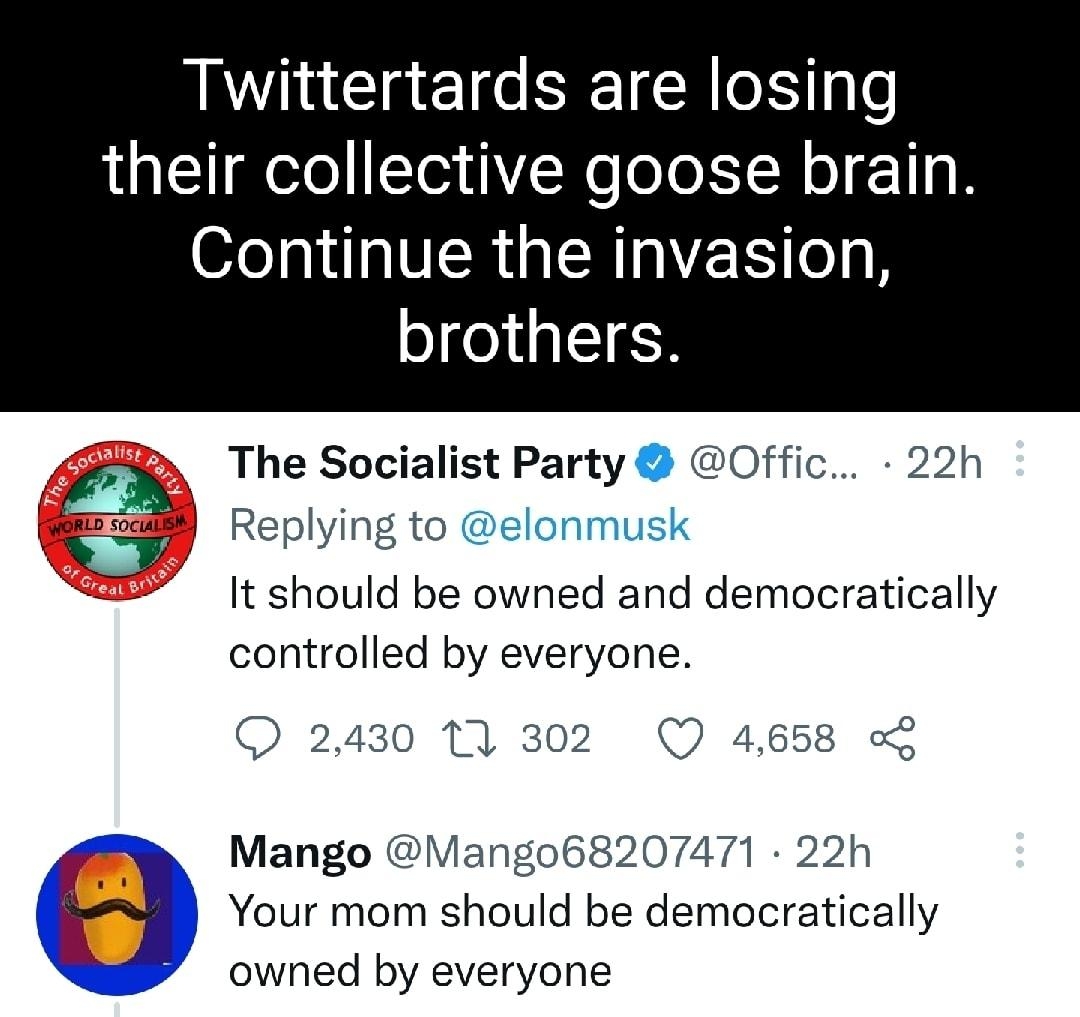 Twittertards are losing their collective goose brain Continue the invasion brothers l The Socialist Party Offic 22h Replying to elonmusk It should be owned and democratically controlled by everyone Q 2430 11 302 Q 4658 Mango Mango68207471 22h Your mom should be democratically owned by everyone Q 1017 1 2179 a2