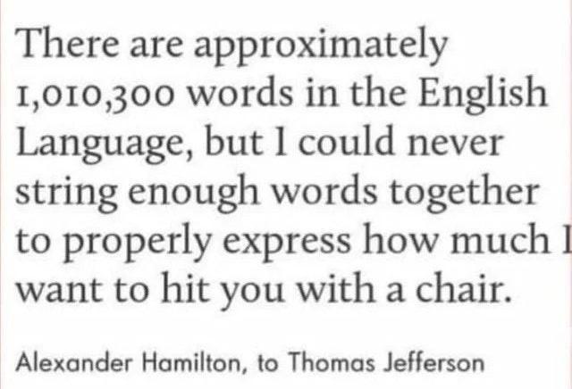 There are approximately 1010300 words in the English Language but 1 could never string enough words together to properly express how much I want to hit you with a chair Alexander Hamilton to Thomas Jefferson