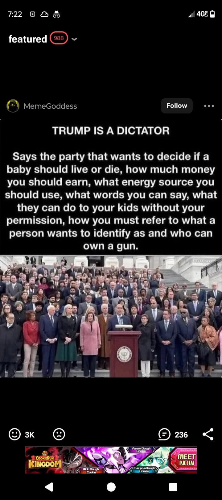 TRUMP IS A DICTATOR
Says the party that wants to decide if a baby should live or die, how much money you should earn, what energy source you should use, what words you can say, what they can do to your kids without your permission, how you must refer to what a person wants to identify as and who can own a gun.