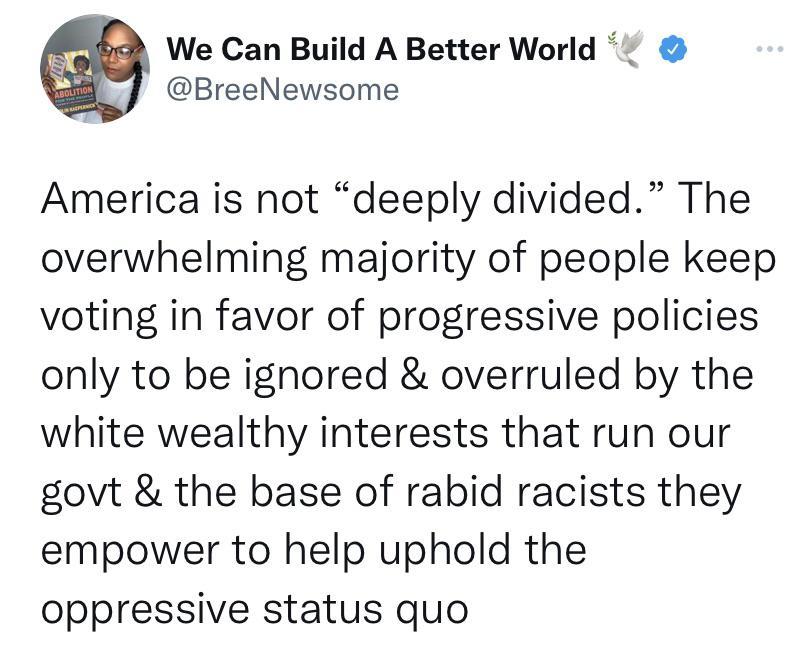 We Can Build A Better World BreeNewsome America is not deeply divided The overwhelming majority of people keep voting in favor of progressive policies only to be ignored overruled by the white wealthy interests that run our govt the base of rabid racists they empower to help uphold the oppressive status quo