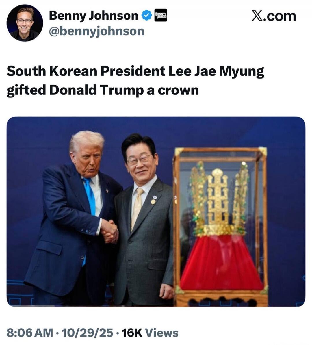 South Korean President Lee Jae Myung gifted Donald Trump a crown