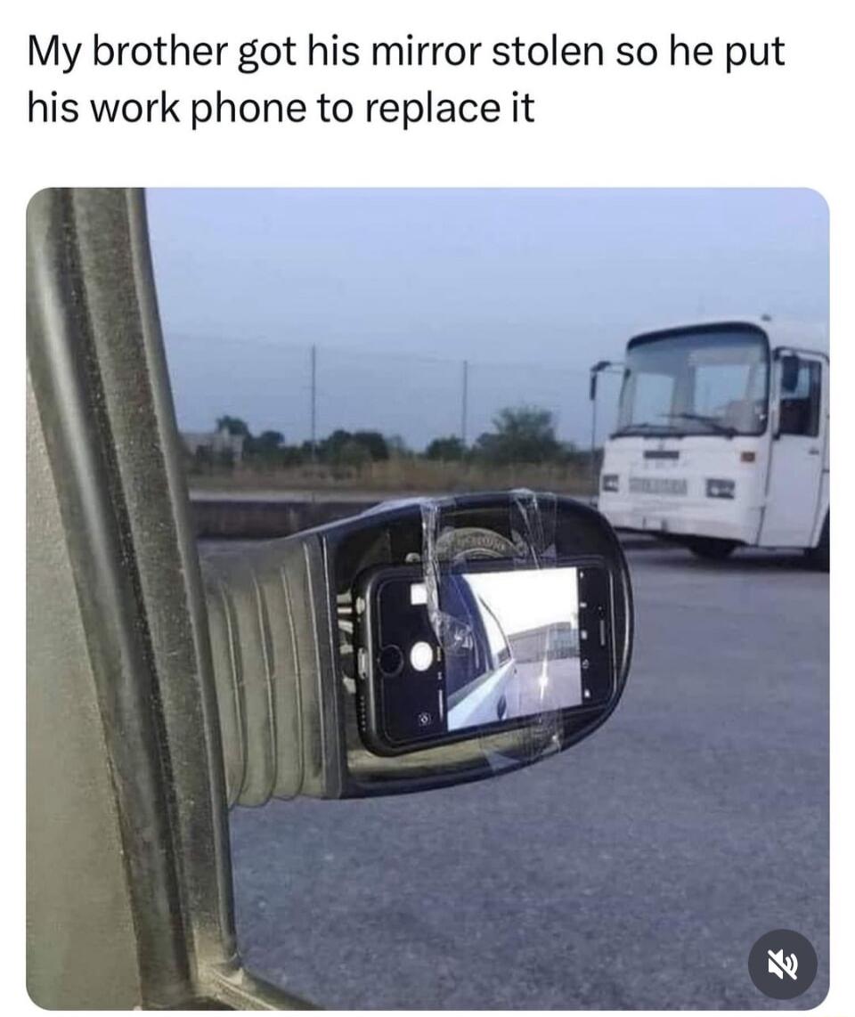 My brother got his mirror stolen so he put his work phone to replace it