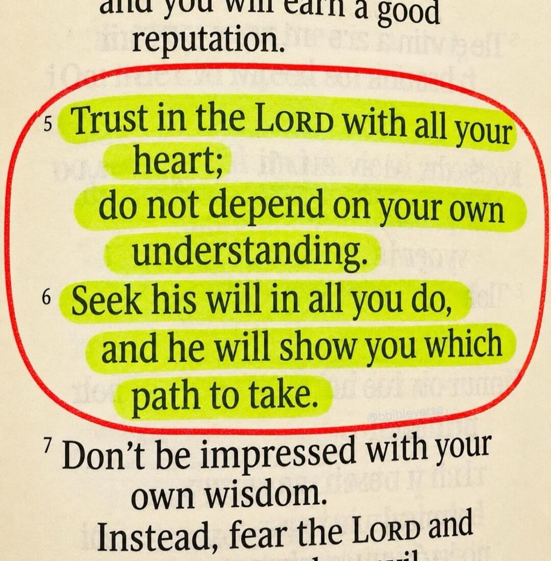 Trust in the LORD with all your heart; do not depend on your own understanding. Seek his will in all you do, and he will show you which path to take.