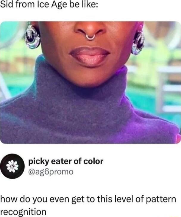 Sid from Ice Age be like:
picky eater of color
@ag6promo
how do you even get to this level of pattern recognition