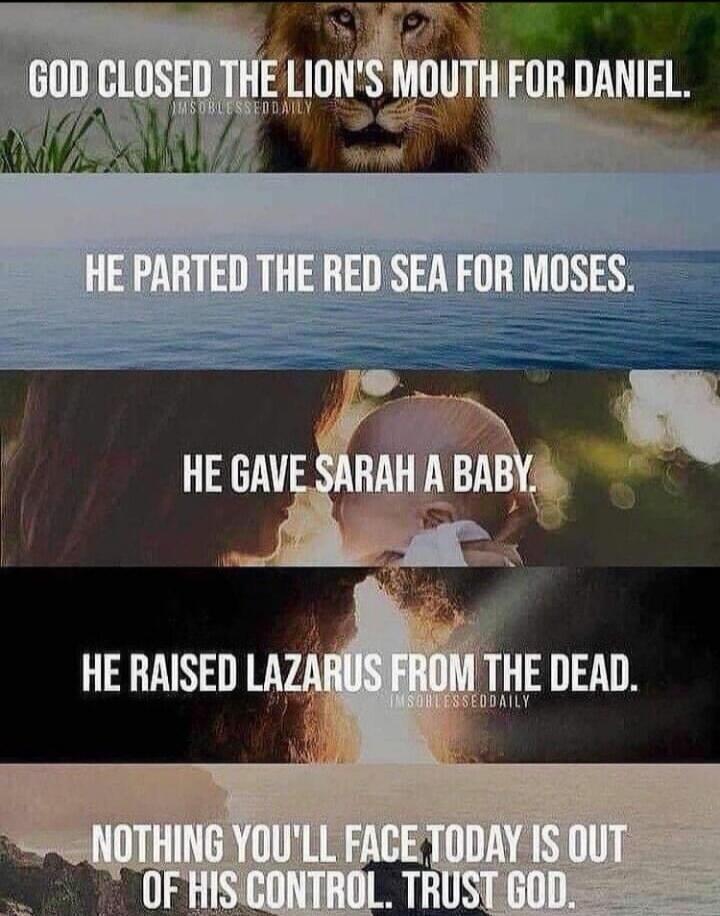 GOD CLOSED THE LION'S MOUTH FOR DANIEL. HE PARTED THE RED SEA FOR MOSES. HE GAVE SARAH A BABY. HE RAISED LAZARUS FROM THE DEAD. NOTHING YOU'LL FACE TODAY IS OUT OF HIS CONTROL. TRUST GOD.