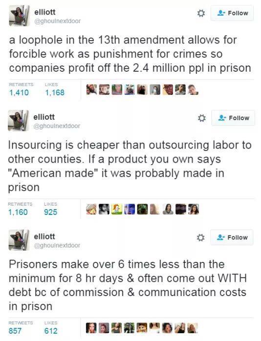 Follow a loophole in the 13th amendment allows for forcible work as punishment for crimes so companies profit off the 24 million ppl in prison a0 1iee REHEENWAL 13 2 Follow Insourcing is cheaper than outsourcing labor to other counties If a product you own says American made it was probably made in prison 1160 925 CRLEELABT elliott 15 2 Follow ghouinextdoo Prisoners make over 6 times less than the