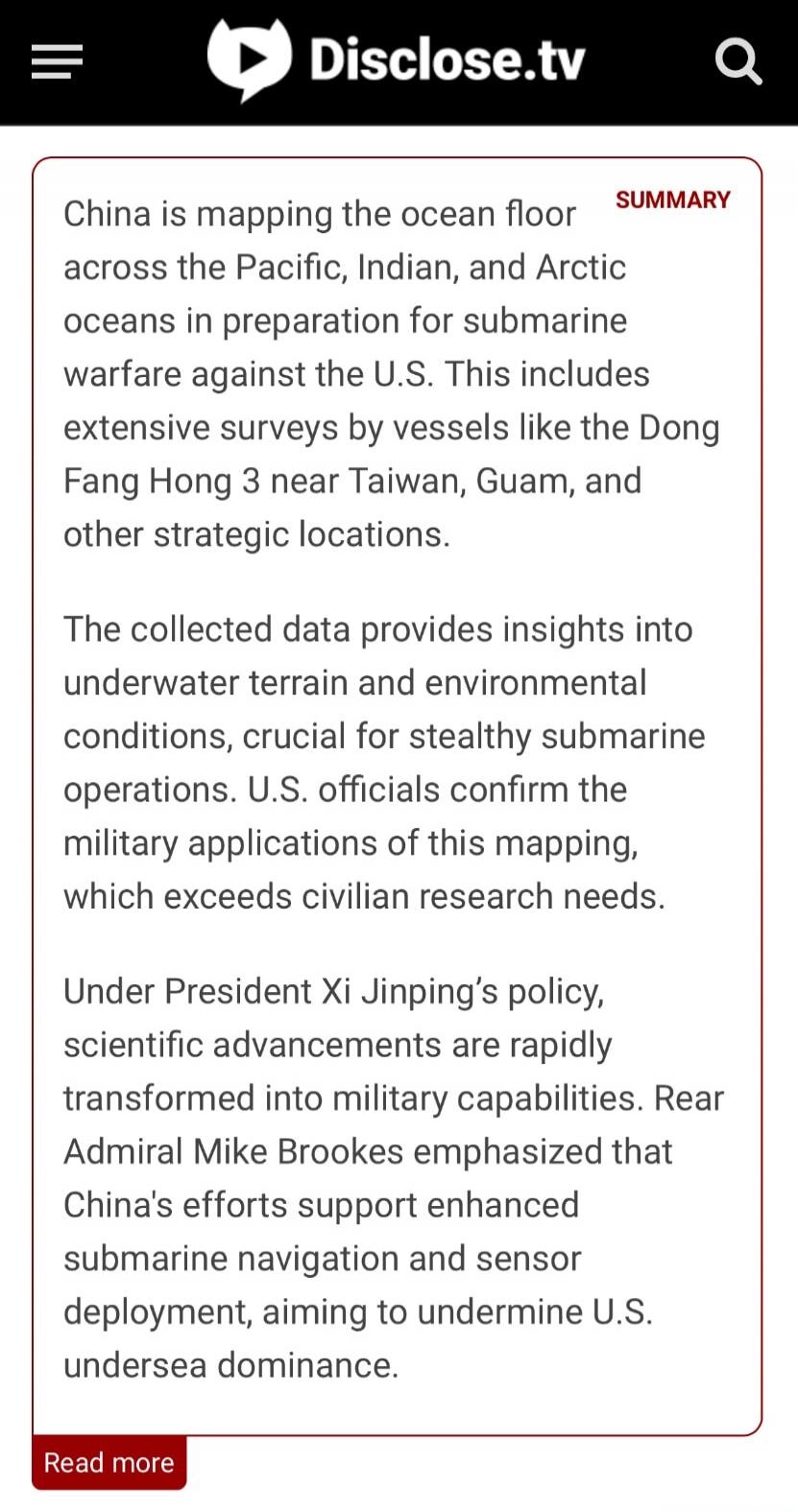 China is mapping the ocean floor across the Pacific, Indian, and Arctic oceans in preparation for submarine warfare against the U.S. This includes extensive surveys by vessels like the Dong Fang Hong 3 near Taiwan, Guam, and other strategic locations. The collected data provides insights into underwater terrain and environmental conditions, crucial