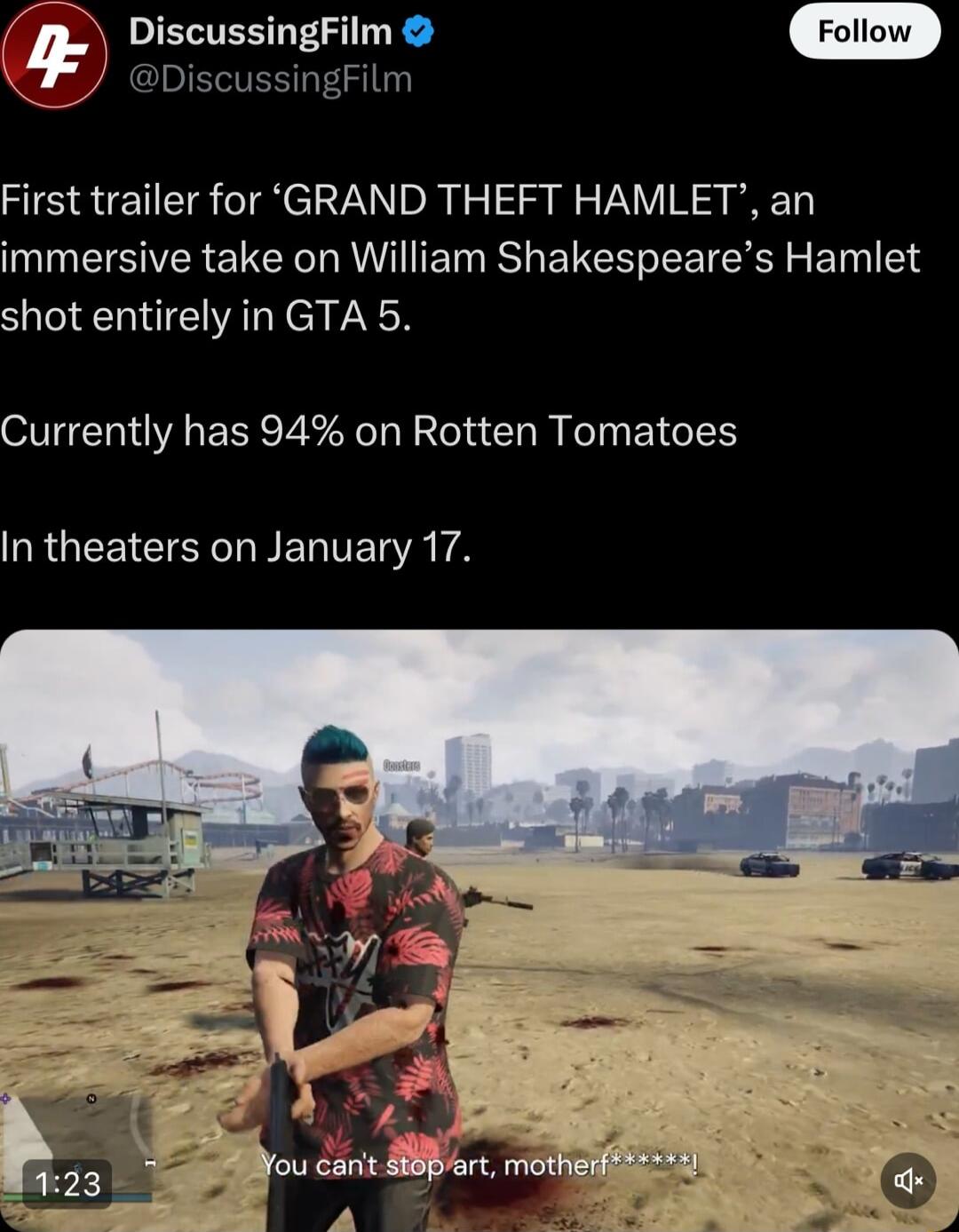 DiscussingFilm 2DiscussingFilm First trailer for GRAND THEFT HAMLET an immersive take on William Shakespeares Hamlet shot entirely in GTA 5 Currently has 94 on Rotten Tomatoes RGEEICIERIBELE A YA