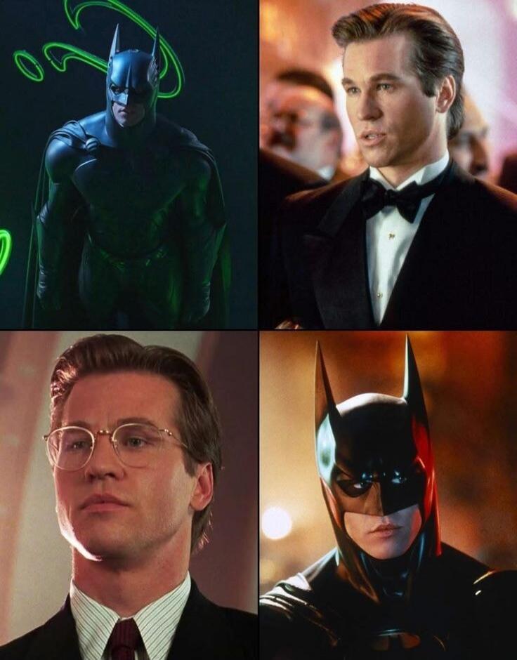 A collage featuring Val Kilmer as Batman and Bruce Wayne from the movie Batman Forever. It shows him in the Batsuit and as Bruce Wayne in formal attire and glasses.