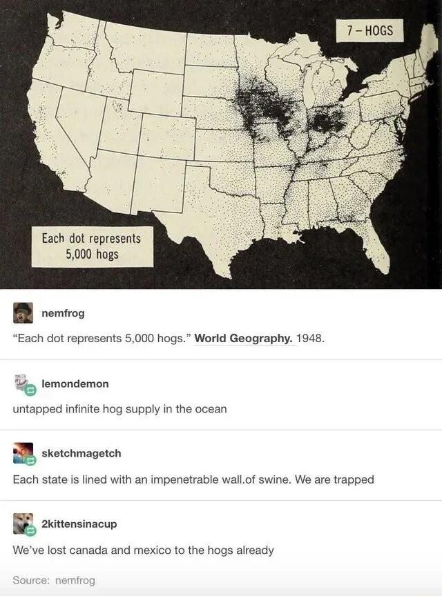 Each dot represents 5000 hogs 0 hogs World Geography 1948