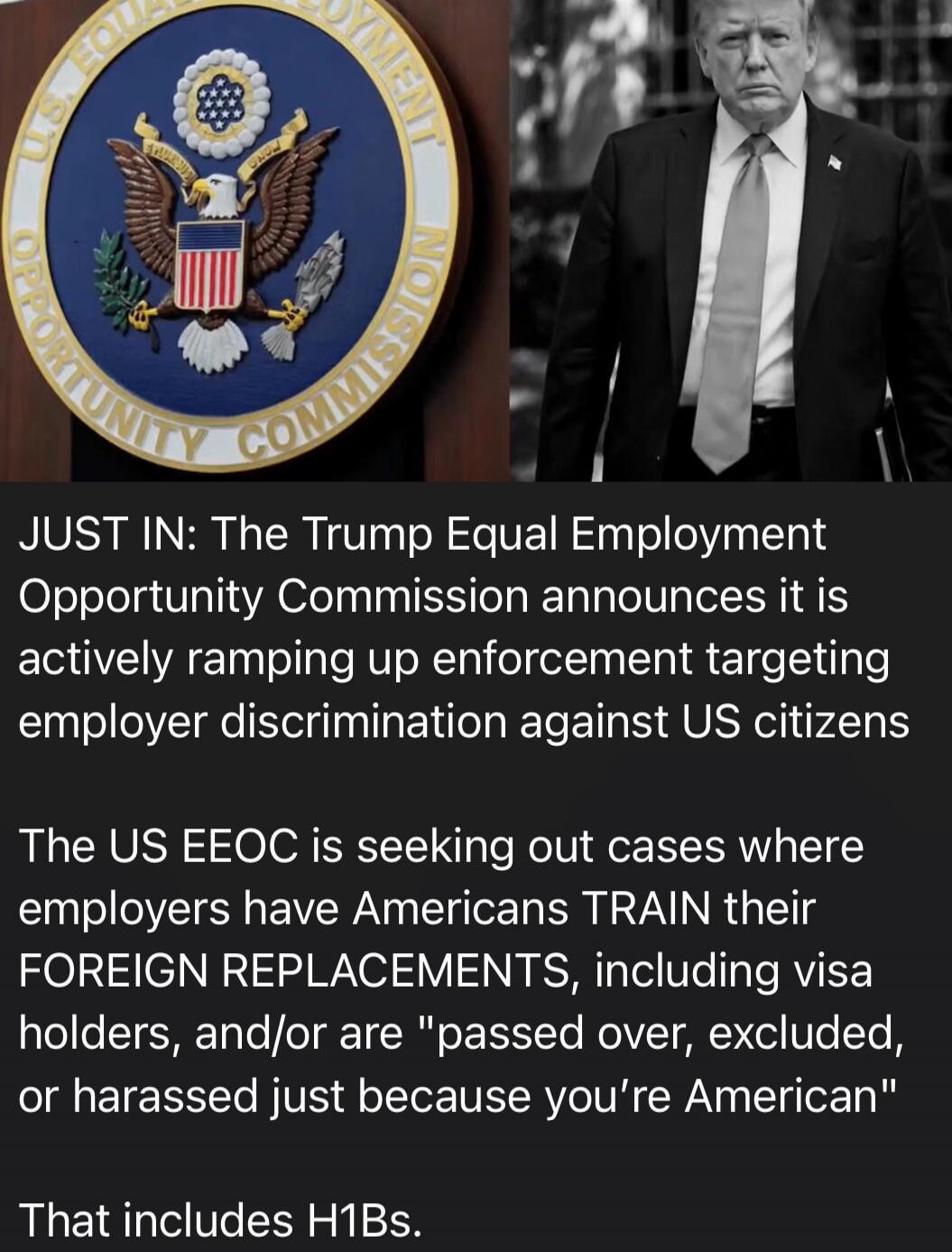 U.S. EQUAL EMPLOYMENT OPPORTUNITY COMMISSION
JUST IN: The Trump Equal Employment Opportunity Commission announces it is actively ramping up enforcement targeting employer discrimination against US citizens
The US EEOC is seeking out cases where employers have Americans TRAIN their FOREIGN REPLACEMENTS, including visa holders, and/or are 