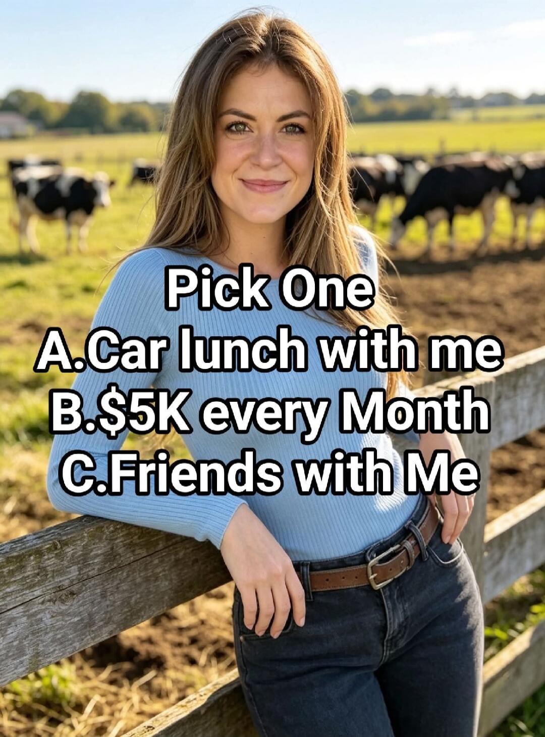 Pick One A. Car lunch with me B. $5K every Month C. Friends with Me