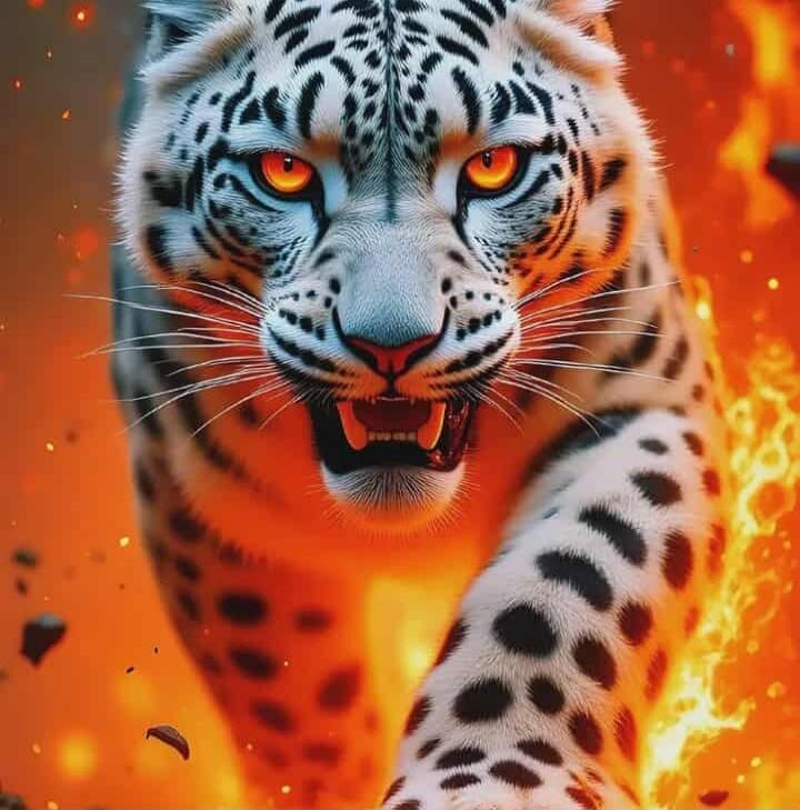 A fierce white leopard (snow leopard-like) charging toward the viewer with fiery flames in the background.