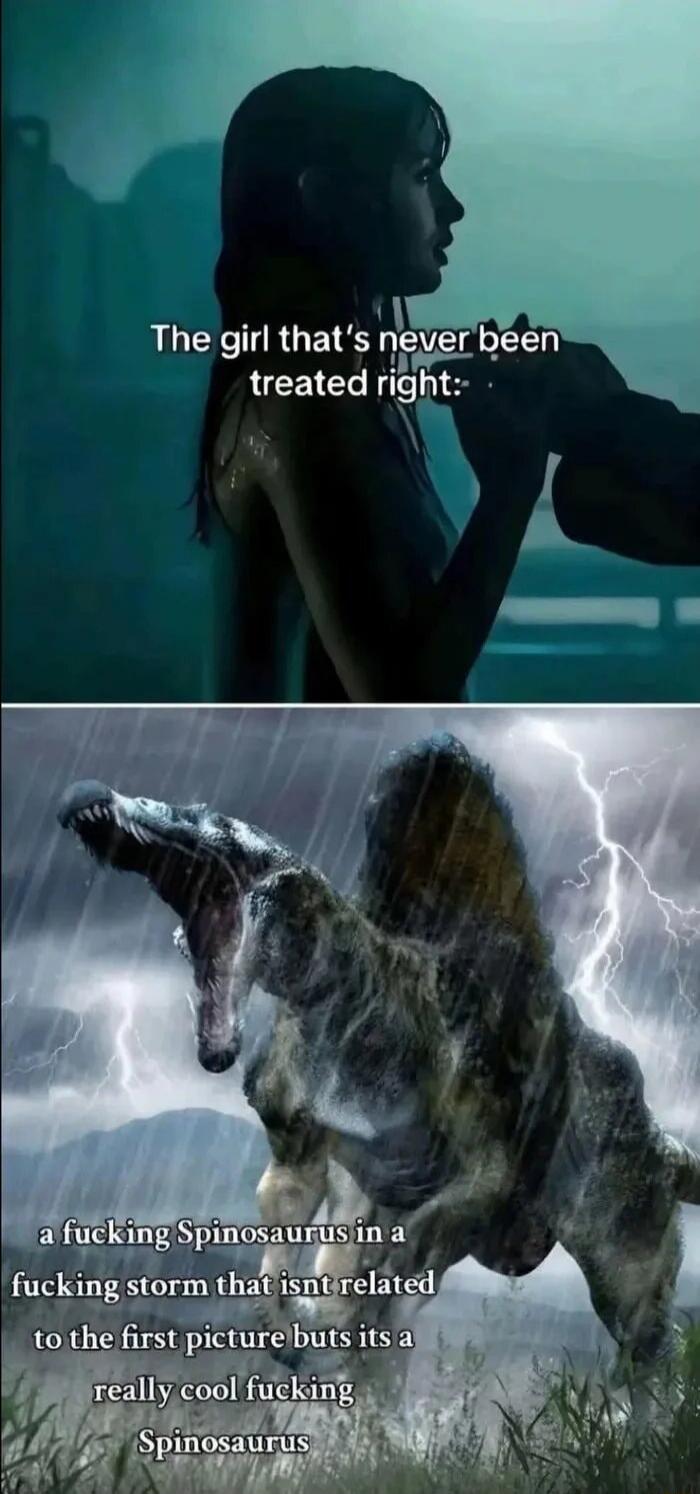 The girl that's never been treated right:

a fucking Spinosaurus in a fucking storm that isnt related to the first picture but its a really cool fucking Spinosaurus