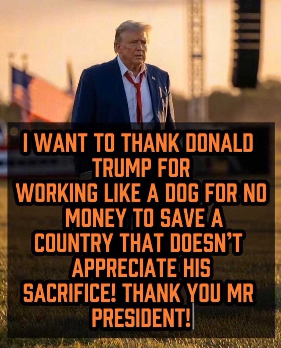 I WANT TO THANK DONALD TRUMP FOR WORKING LIKE A DOG FOR NO MONEY TO SAVE A COUNTRY THAT DOESN'T APPRECIATE HIS SACRIFICE! THANK YOU MR PRESIDENT!