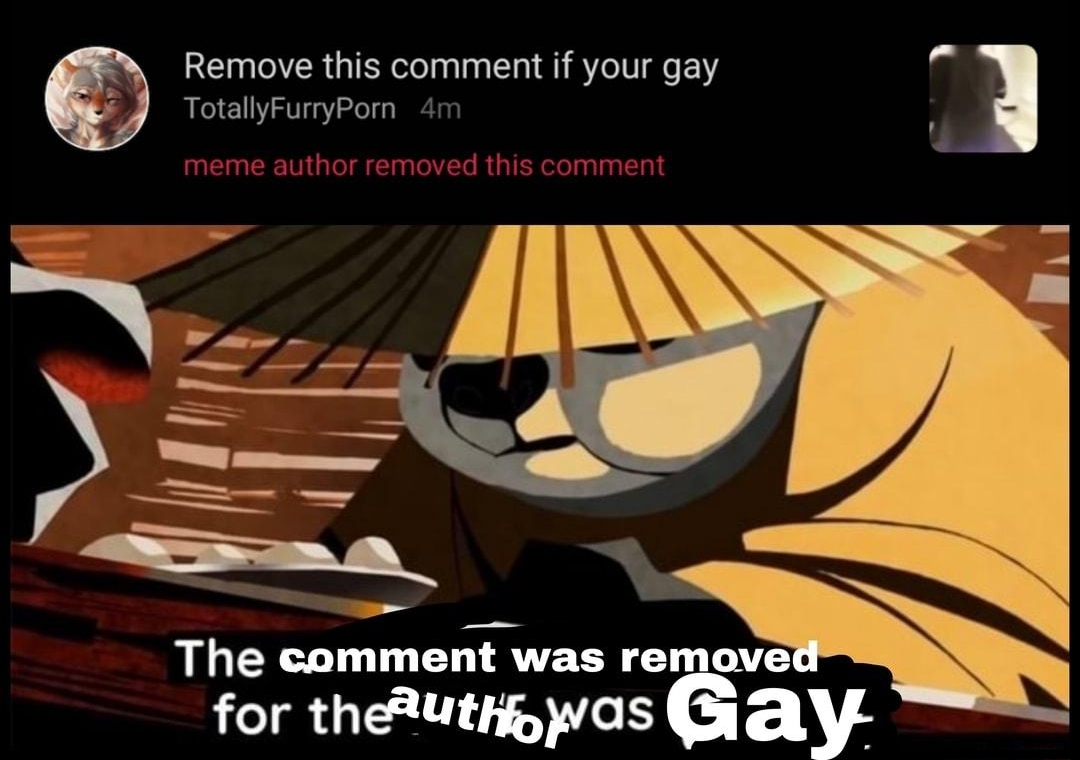 DD N0 9 0 comments EN Remove this comment if your gay f Q TotallyFurryPorn 4m pr _ The comment was rem for theRUthgppas Gay