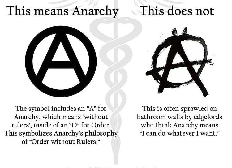 This means Anarchy This does not The symbol includes an A for This is often sprawled on Anarchy which means without bathroom walls by edgelords tulers inside of an O for Order who think Anarchy means This symbolizes Anarchys philosophy I can do whatever I want of Order without Rulers