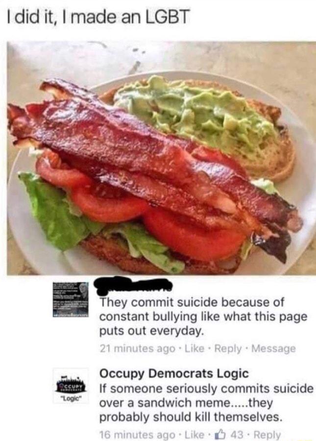 did it made an LGBT They commit suicide because of constant bullying like what this page puts out everyday 21 minutes ago Like Reply Message Occupy Democrats Logic i If someone seriously commits suicide over a sandwich memethey probably should kill themselves es ago Like y 43 Reply 16 mir