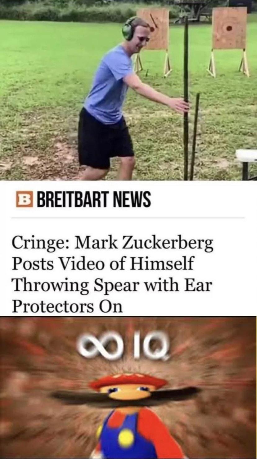B BEITBAHT NEWS Cringe Mark Zuckerberg Posts Video of Himself Throwing Spear with Ear Protectors On