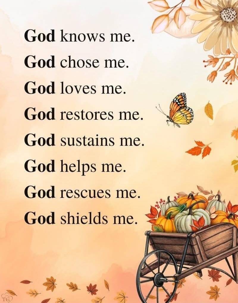 God knows me.
God chose me.
God loves me.
God restores me.
God sustains me.
God helps me.
God rescues me.
God shields me.