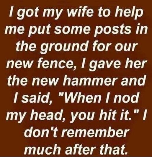 I got my wife to help me put some posts in the ground for our new fence, I gave her the new hammer and I said, 