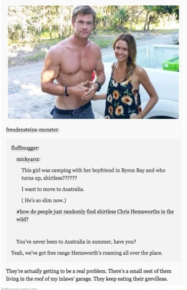 freudensteins monster fluffmugger mickygoz This girl was camping with her boyfriend in Byron Bay and who turns up shirtless7777 Twant to move to Australia Hes soslim now how do people ust randomly find shirtless Chris Hemsworths in the wild Youve never been to Australia in summer have you Yeah weve got free range Hemsworths roaming all over the place Theyre actually gtting to be a real problem The