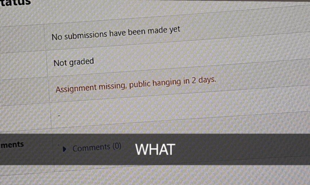 i No submissions have been made YEU Notgraded Assignment missing public hanging n 2 63 WHAT