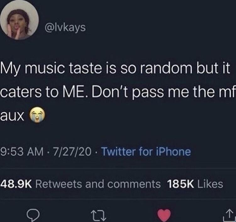 My music taste is so random but it caters to ME. Don’t pass me the mf aux 😭