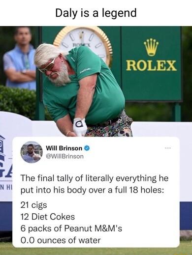 Daly is a legend The final tally of literally everything he put into his body over a full 18 holes 21 cigs 12 Diet Cokes 6 packs of Peanut MMs 00 ounces of water e s