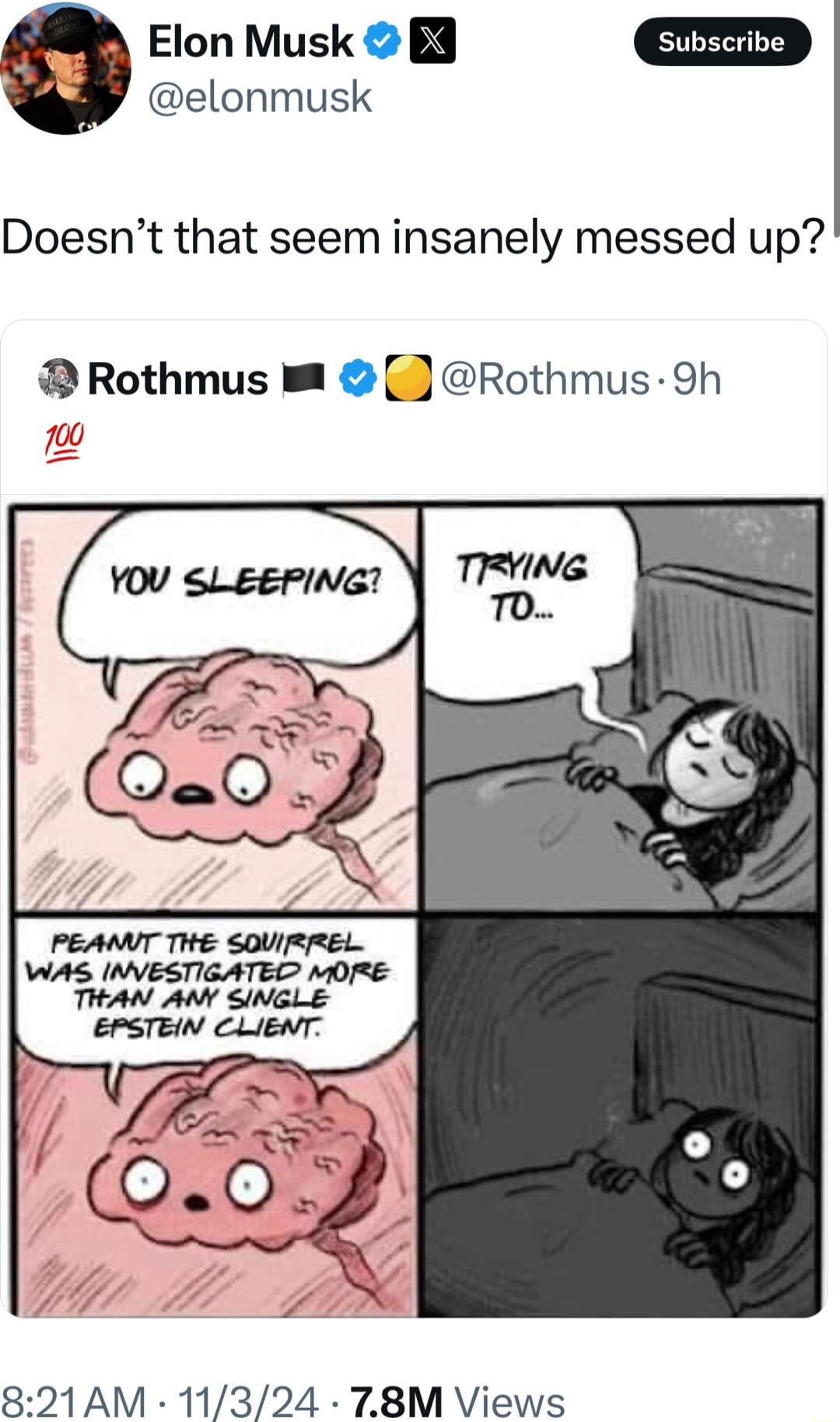 Elon Musk B4 elonmusk Doesnt that seem insanely messed up Rothmus m Rothmus 9h w WAS INVESTIGATED MORE THAN AN SINGLE 821AM 11324 78M Views