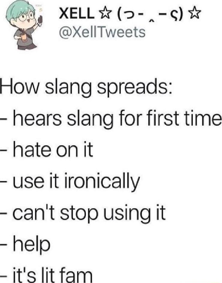 XELL 0 g XellTweets How slang spreads hears slang for first time hate on it use it ironically cant stop using it help its lit fam
