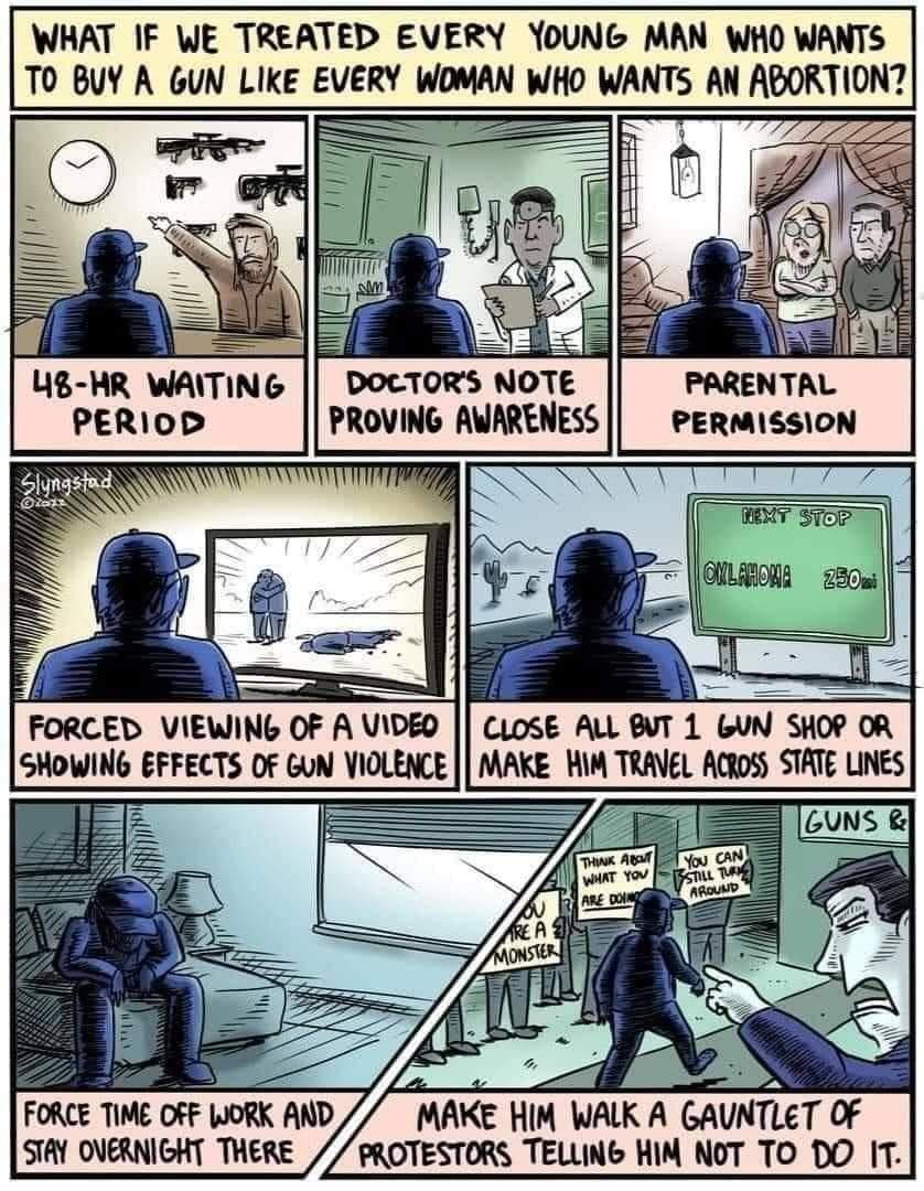 WHAT IF WE TREATED EVERY YOUNG MAN WHO WANTS TO BUY A GUN LIKE EVERY WOMAN WHO WANTS AN ABORTION UB HR WATING PERIOD DOCTORS NOTI PROVING AVARENESS 5l PARENTAL PERMISSION FORCED VIEWING OF A VIDEO SHOWING EFFECTS OF GUN VIOLENCE CL0SE ALL BVT 1 GUN SHOP OR FORCE TIME OFF WORK AND STAY OVERNIGHT THERE PROTESTORS TELLING HIM NOT TO DO IT MAKE WM TRAVEL Ao STATE LINES euns