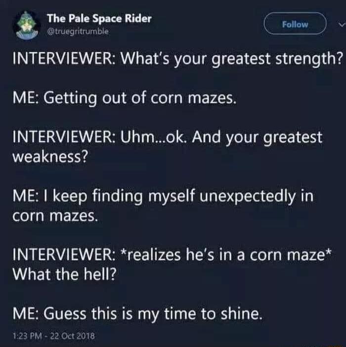 The Pale Space Rider T INTERVIEWER Whats your greatest strength ME Getting out of corn mazes INTERVIEWER Uhmok And your greatest weakness ME keep finding myself unexpectedly in corn mazes INTERVIEWER realizes hes in a corn maze What the hell ME Guess this is my time to shine