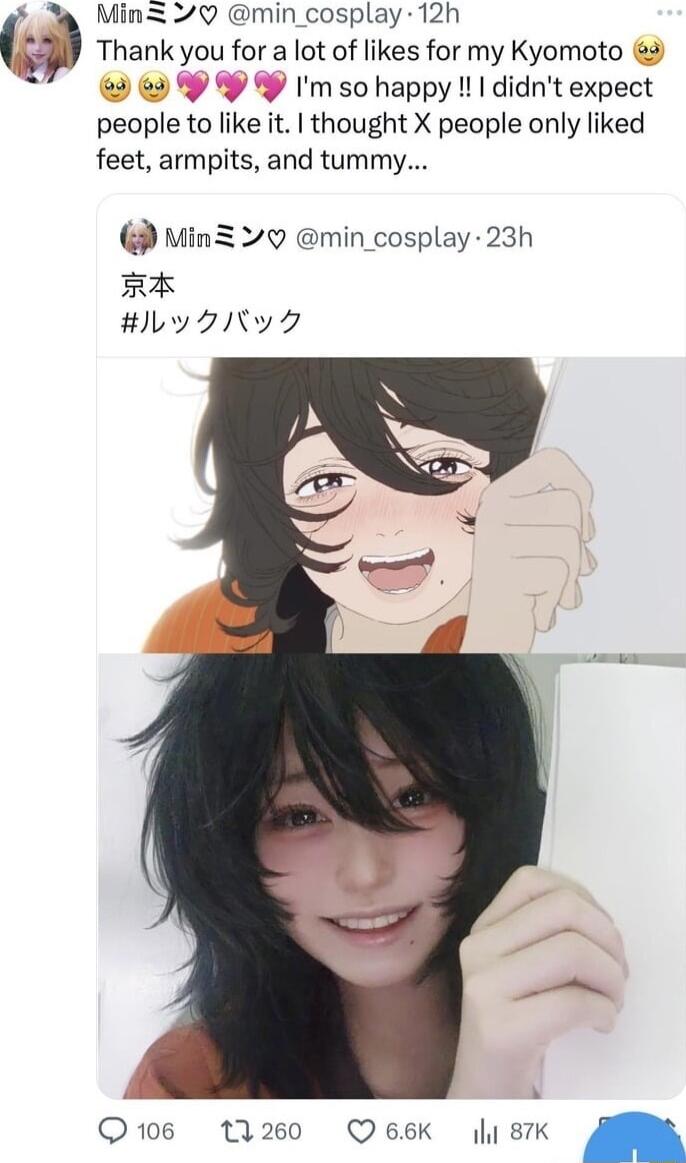 MinI Q min_cosplay 12h Thank you for a lot of likes for my Kyomoto 3 y y m so happy didnt expect people m like it thought X people only liked feet armpits and tummy Min 0 min_cosplay 23h RE ILy 7Ny Y Q106 11260 Q66K l 87K n