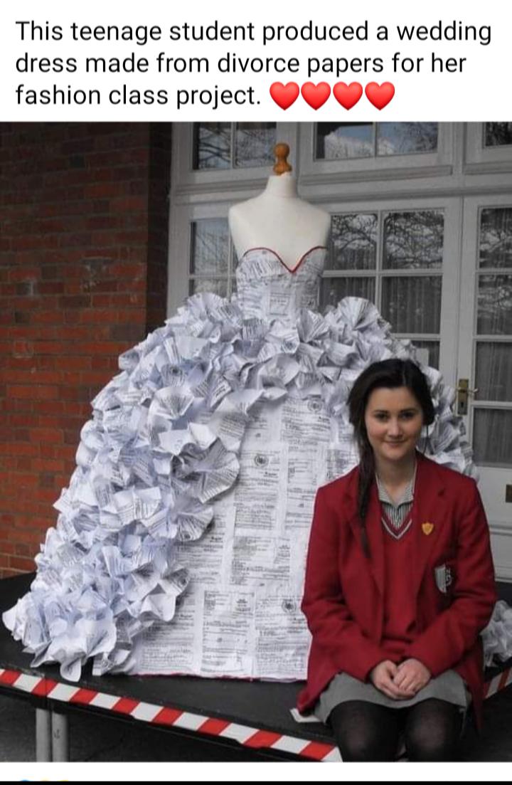 This teenage student produced a wedding dress made from divorce papers for her fashion class project