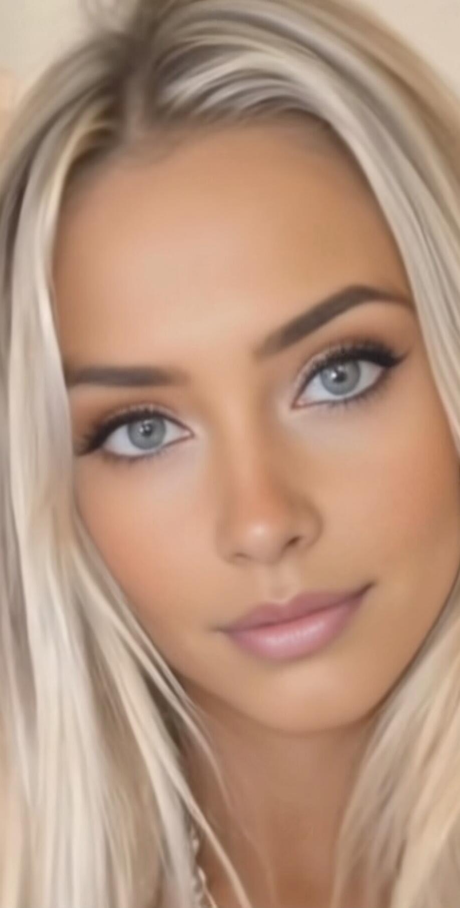 Portrait of a young woman with blonde hair and blue eyes.