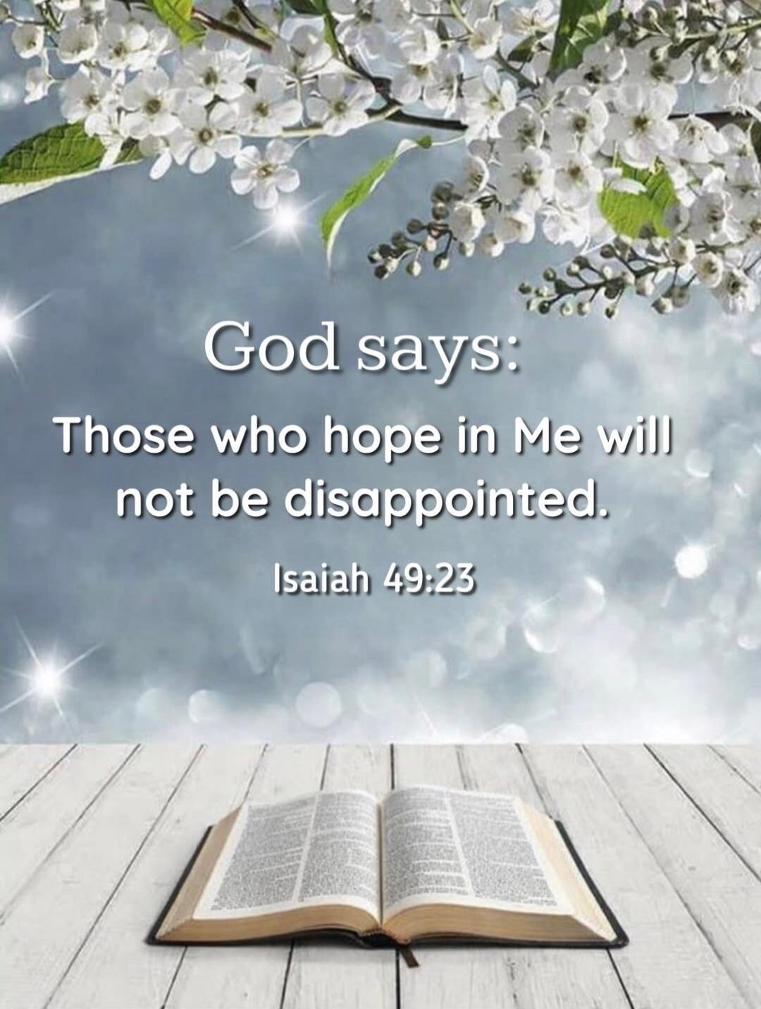 God says: Those who hope in Me will not be disappointed. Isaiah 49:23