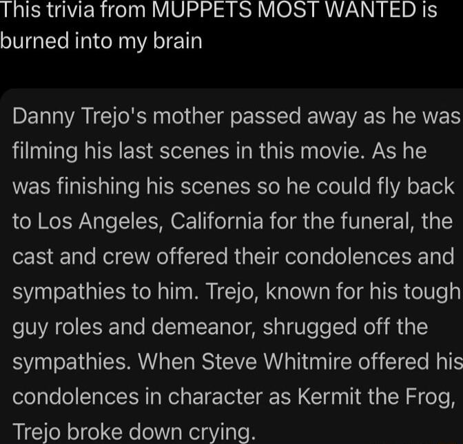 This trivia from MUPPETS MOST WANTED Is G RRICE VA VET Danny Trejos mother passed away as he was filming his last scenes in this movie As he was finishing his scenes so he could fly back to Los Angeles California for the funeral the R N G EI R Gl ol T o sympathies to him Trejo known for his tough guy roles and demeanor shrugged off the sympathies When Steve Whitmire offered his condolences in char