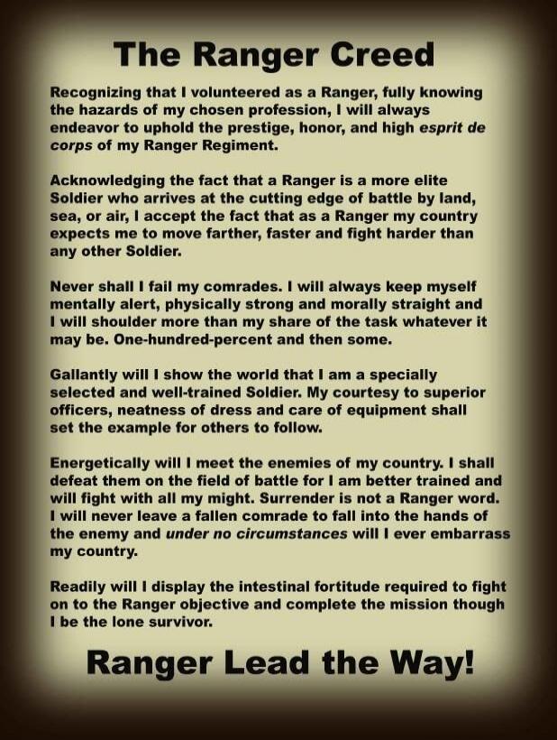 The Ranger Creed Recognizing that I volunteered as a Ranger, fully knowing the hazards of my chosen profession, I will always endeavor to uphold the prestige, honor, and high esprit de corps of my Ranger Regiment. Acknowledging the fact that a Ranger is a more elite Soldier who arrives at the cutting edge of battle by land, sea, or air, I accept th