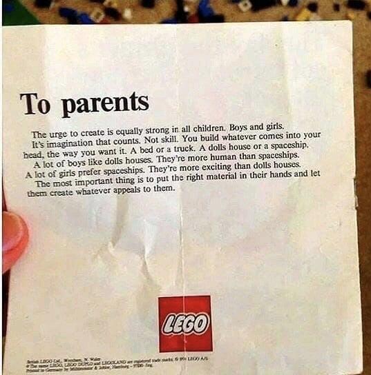 To parents strong in al children Boys and girs e stion that counts Notskil You buikl whalever comes into Yout t A bed or a truck A dolls houss or a spaceship The urge o create is equally e bass ke dols houses Theyre more human han spaceshive Ao ut s prefe spaceships They e more excilng lhan dolis housss O B aportant thing i to put the ight ateral i thei hans and tet e create whatever appeals 0 the