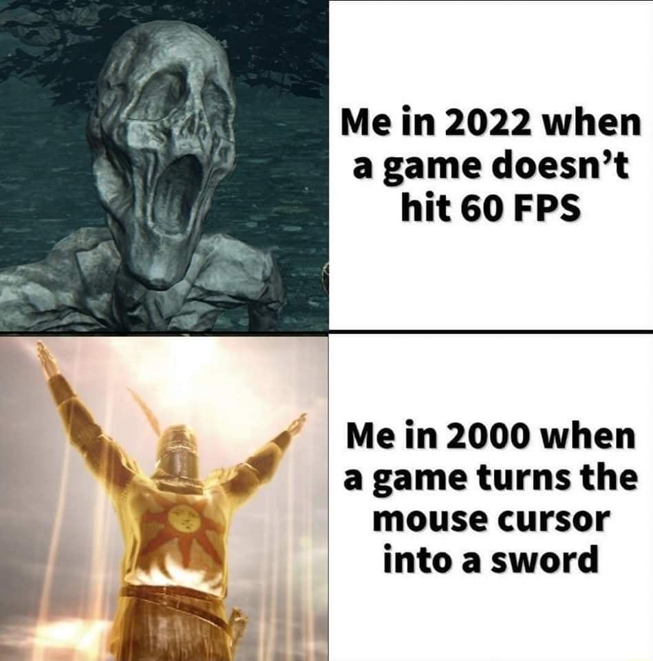 Me in 2022 when agame doesnt hit 60 FPS Me in 2000 when a game turns the mouse cursor into a sword