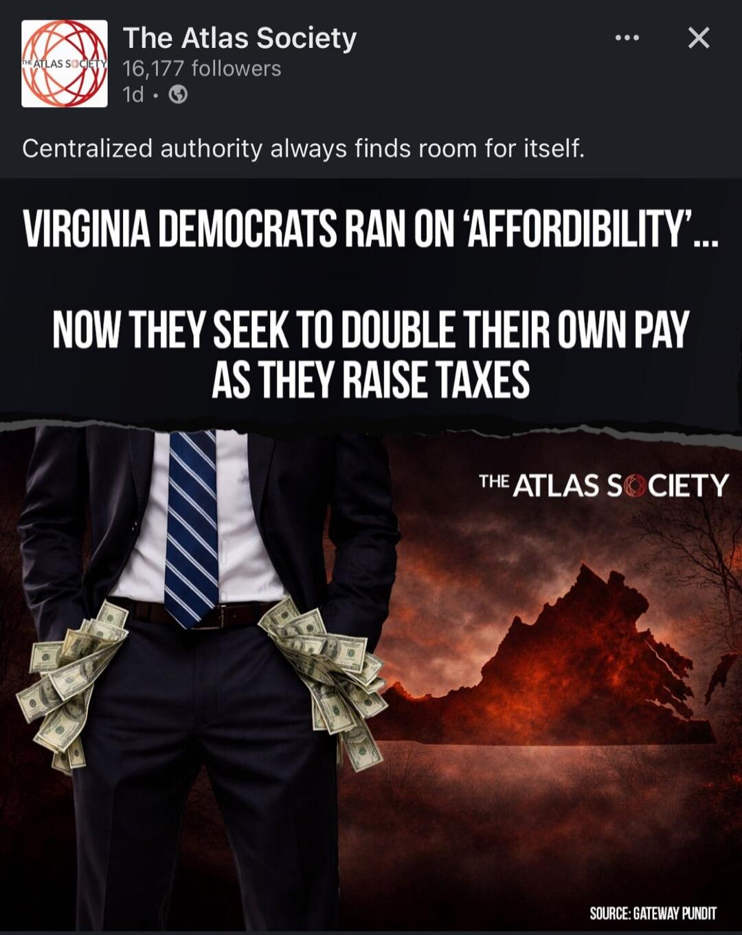 Centralized authority always finds room for itself.
VIRGINIA DEMOCRATS RAN ON ‘AFFORDABILITY’ ...
NOW THEY SEEK TO DOUBLE THEIR OWN PAY AS THEY RAISE TAXES
