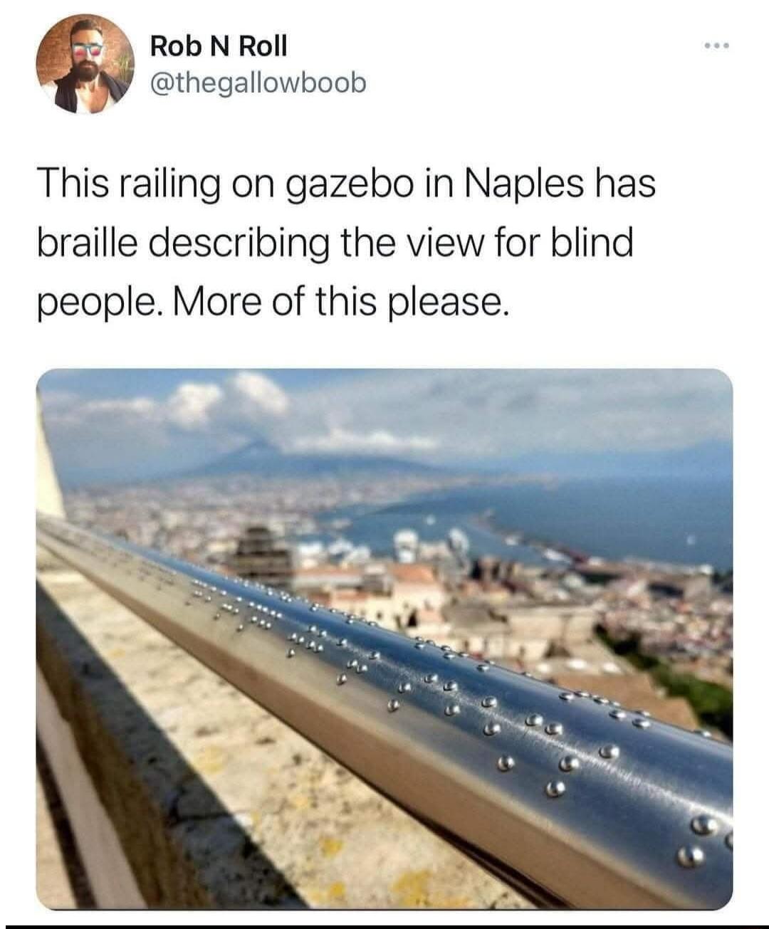 This railing on gazebo in Naples has braille describing the view for blind people. More of this please.
