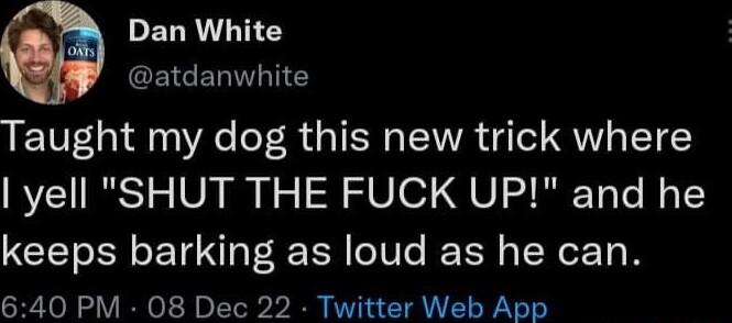 Dan White CEIGERWANE Taught my dog this new trick where yell SHUT THE FUCK UP and he keeps barking as loud as he can 640 PM 08 Dec 22 Twitter Web App
