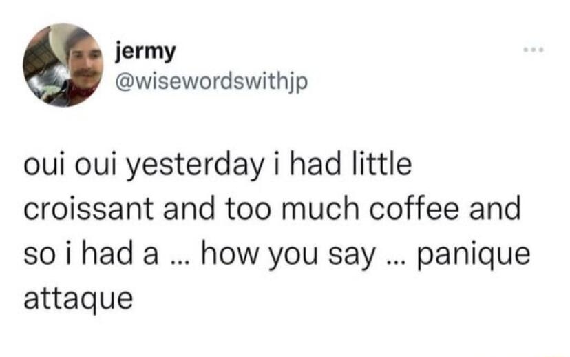 jermy wisewordswithjp oui oui yesterday i had little croissant and too much coffee and soihada how you say panique attaque