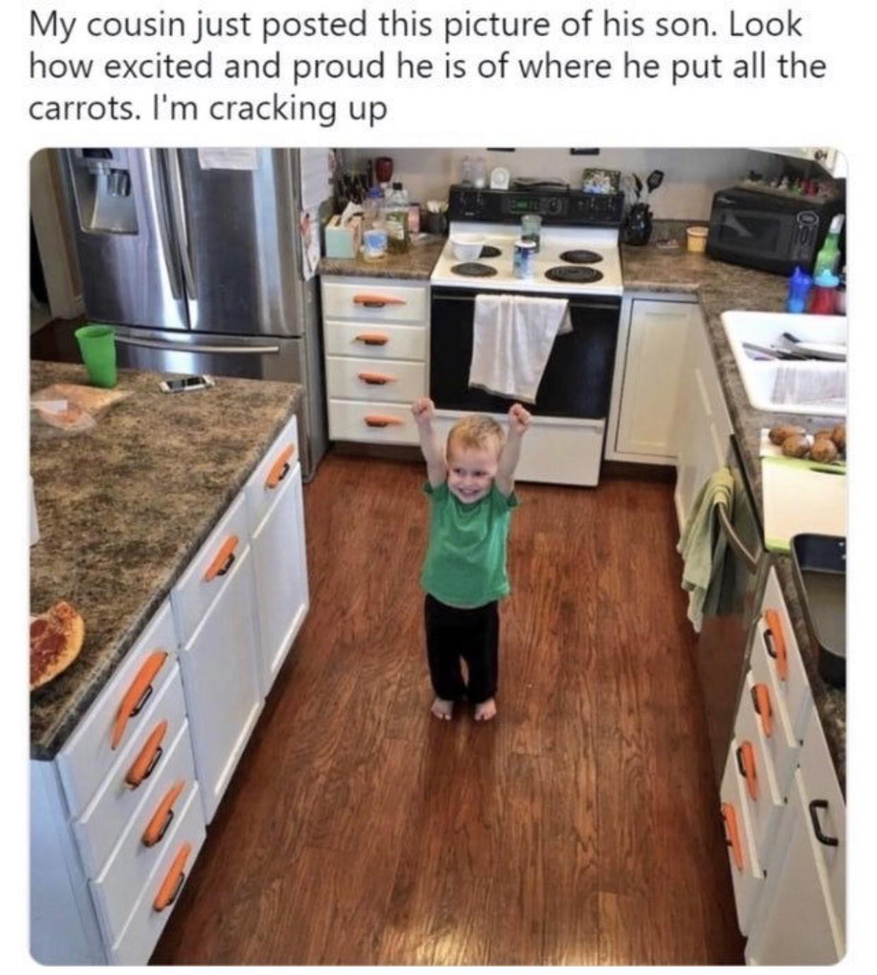 My cousin just posted this picture of his son Look how excited and proud he is of where he put all the carrots Im cracking up